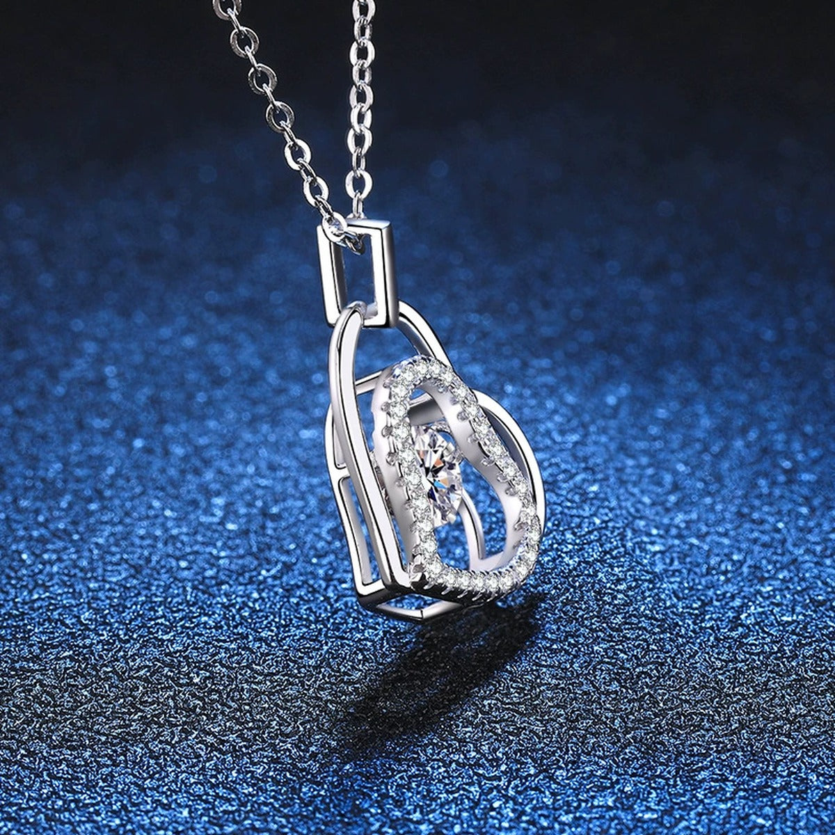 Heart Halo Moissanite Pendant Necklace in Platinum-Plated S925 Sterling Silver blue background product view