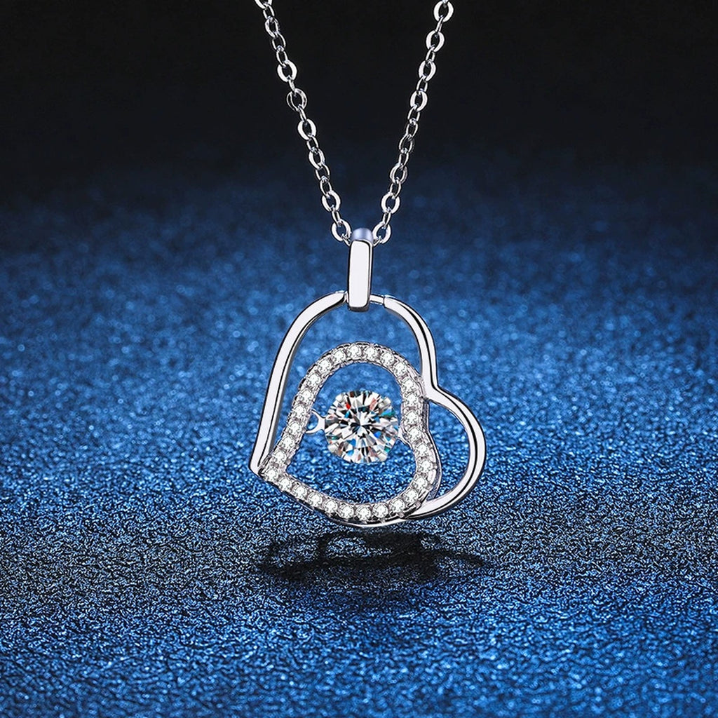 Heart Halo Moissanite Pendant Necklace in Platinum-Plated S925 Sterling Silver blue background close-up view
