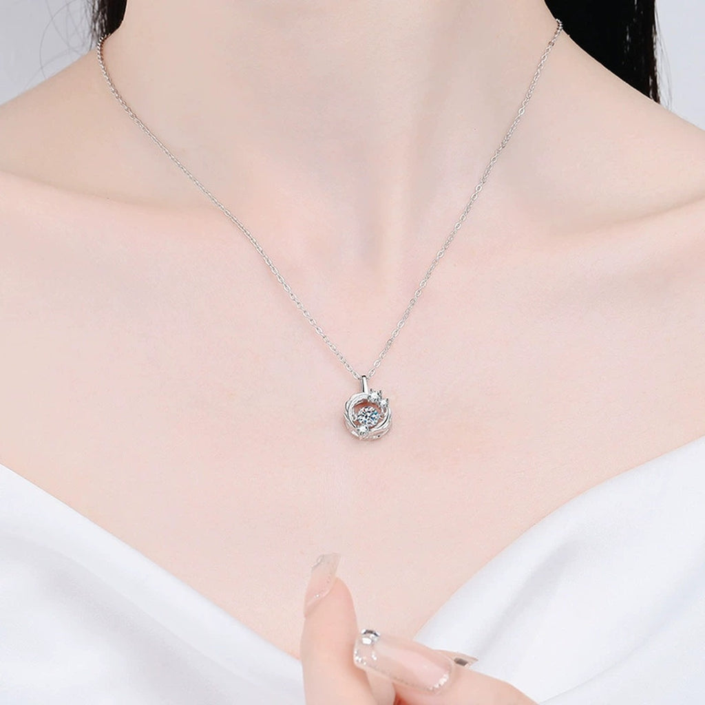 Open Circle Moissanite Pendant Necklace in Platinum-Plated S925 Sterling Silver worn on neckline by model