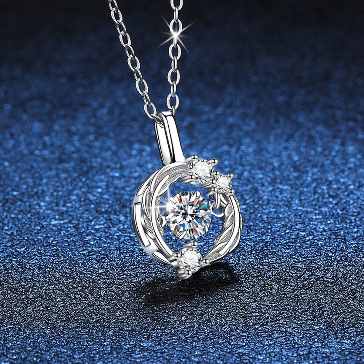 Open Circle Moissanite Pendant Necklace in Platinum-Plated S925 Sterling Silver blue background product view