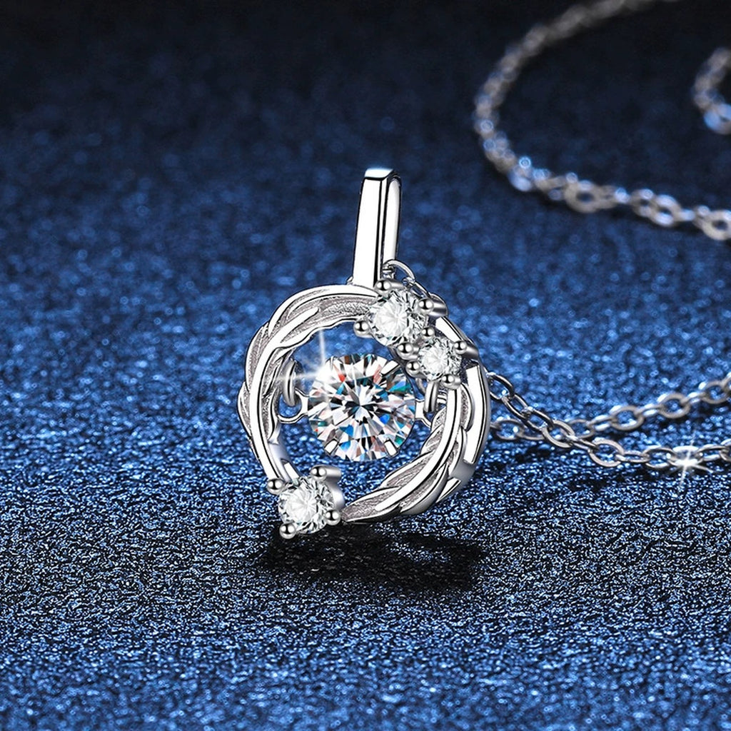 Open Circle Moissanite Pendant Necklace in Platinum-Plated S925 Sterling Silver blue background close-up view