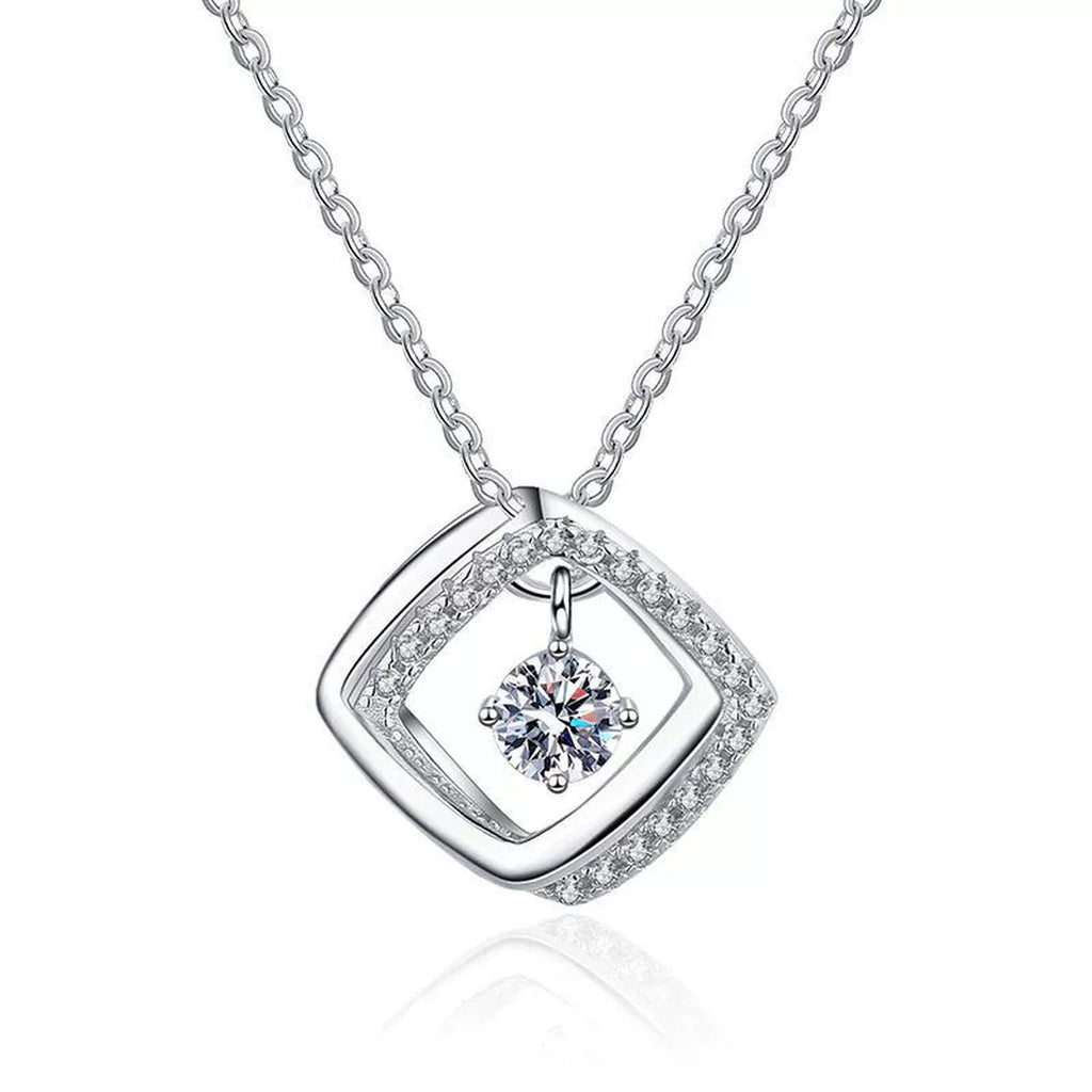 Geometric Halo Moissanite Pendant Necklace in Platinum-Plated S925 Sterling Silver clean white background product image