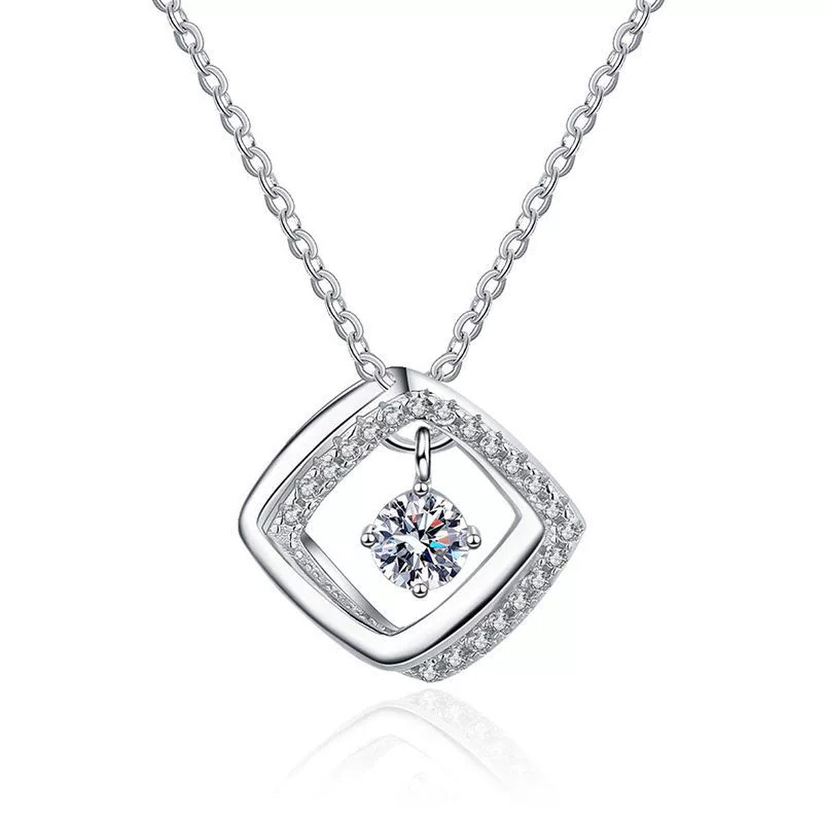Geometric Halo Moissanite Pendant Necklace in Platinum-Plated S925 Sterling Silver clean white background product image