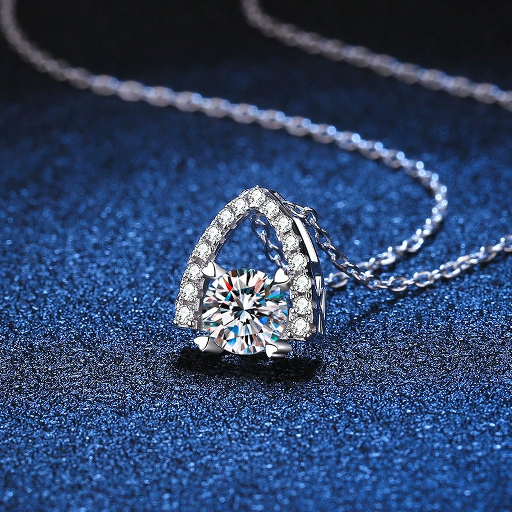 Arch Halo Moissanite Pendant Necklace in Platinum-Plated S925 Sterling Silver blue background product view