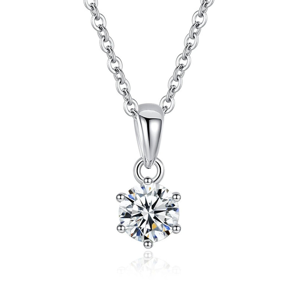 Round Moissanite Pendant Necklace in White Gold-Plated S925 Sterling Silver on clean white background showing the round solitaire moissanite pendant in a simple prong setting