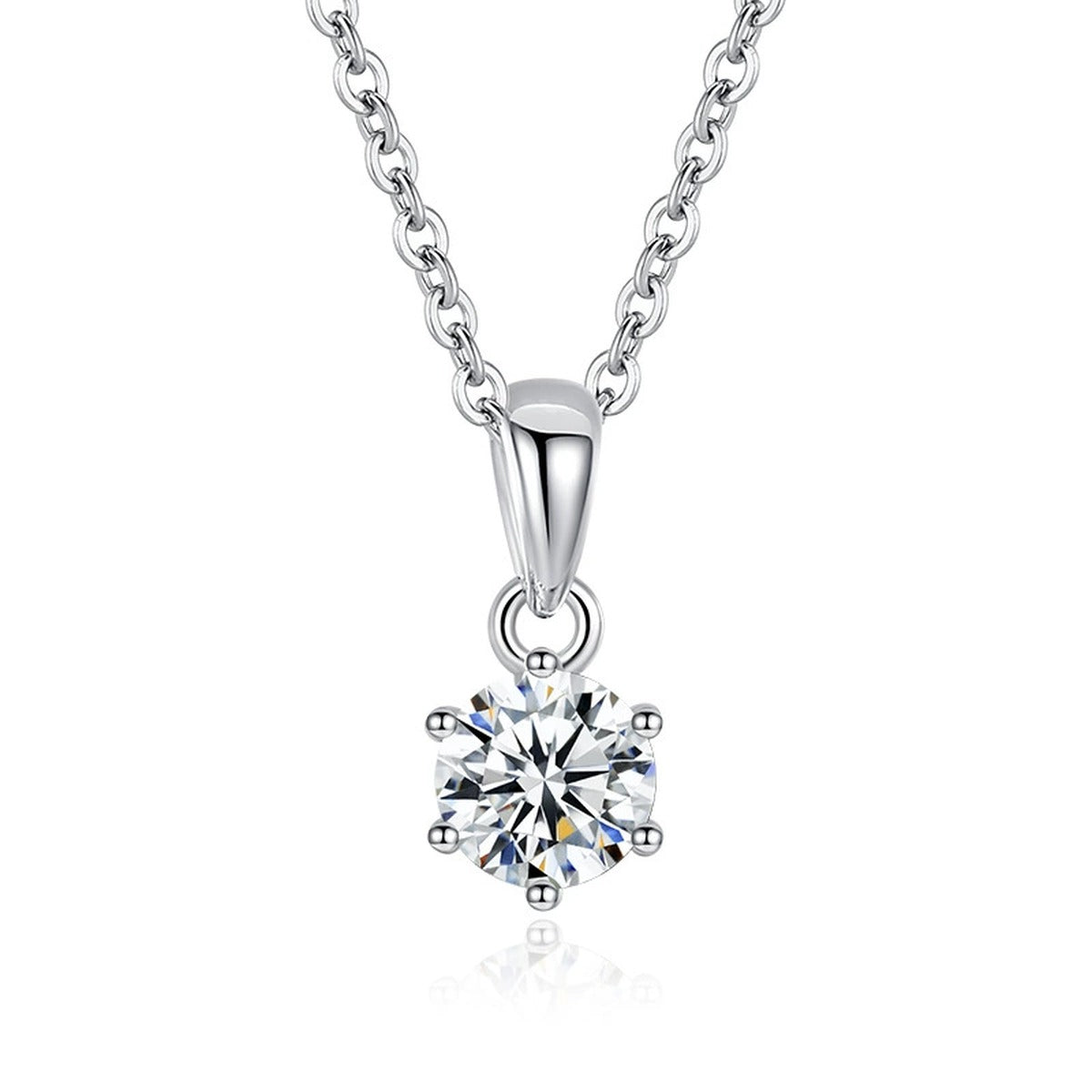 Round Moissanite Pendant Necklace in White Gold-Plated S925 Sterling Silver on clean white background showing the round solitaire moissanite pendant in a simple prong setting