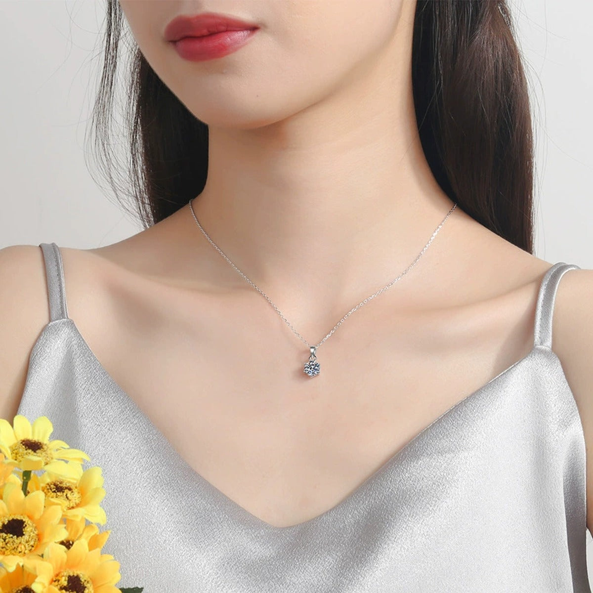 Round Moissanite Pendant Necklace in White Gold-Plated S925 Sterling Silver worn on neckline by model