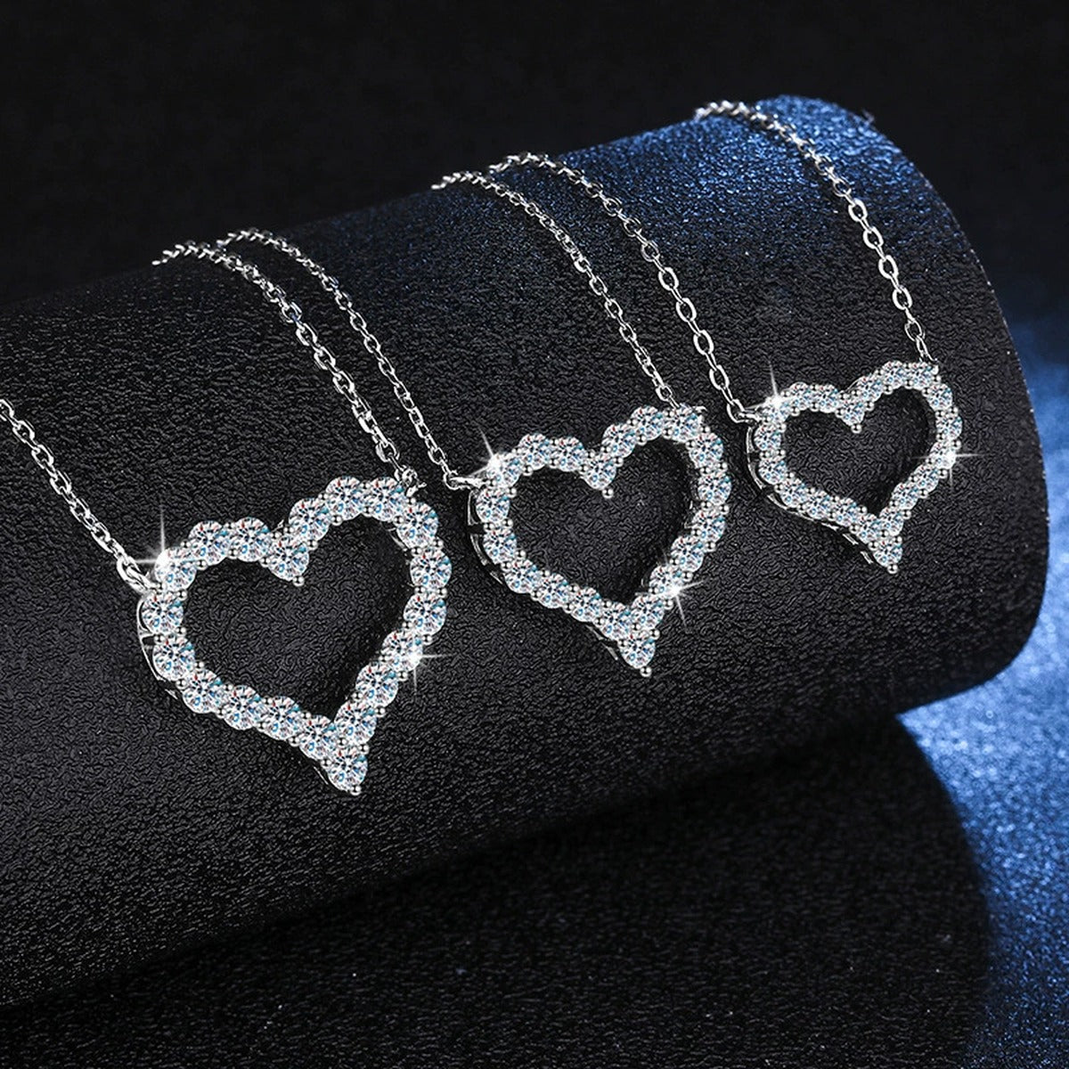 Heart Moissanite Pendant Necklace in White Gold-Plated S925 Sterling Silver dark background product display view