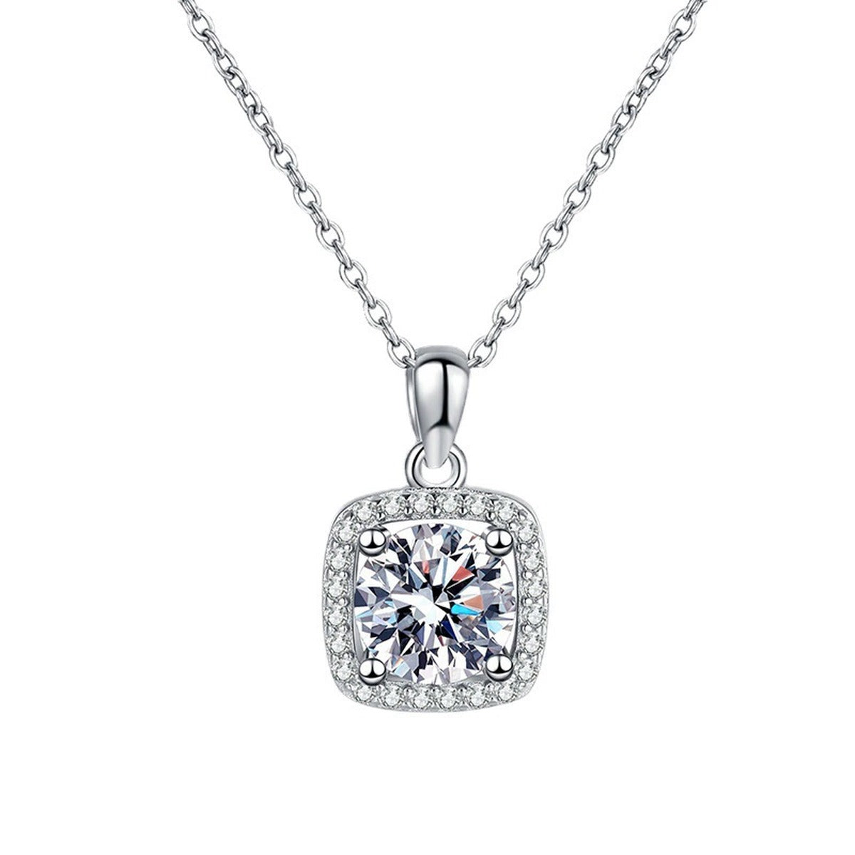 Round Moissanite Pendant Necklace in Platinum-Plated S925 Sterling Silver clean white background product image