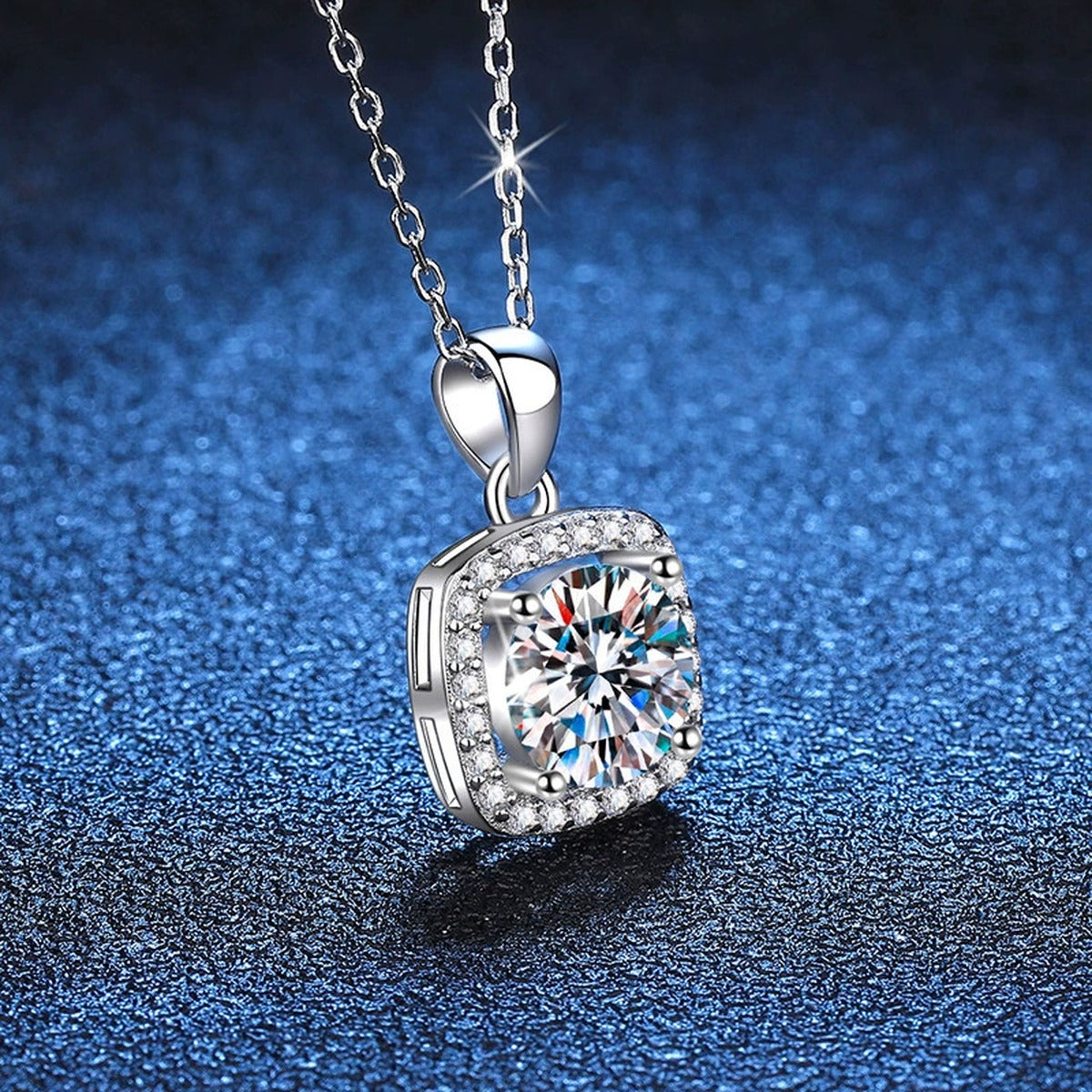 Round Moissanite Pendant Necklace in Platinum-Plated S925 Sterling Silver blue background product view