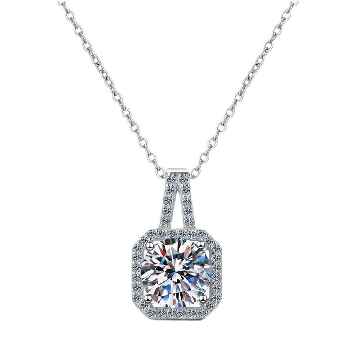 Round Moissanite Halo Pendant Necklace in White Gold-Plated S925 Sterling Silver clean white background product image