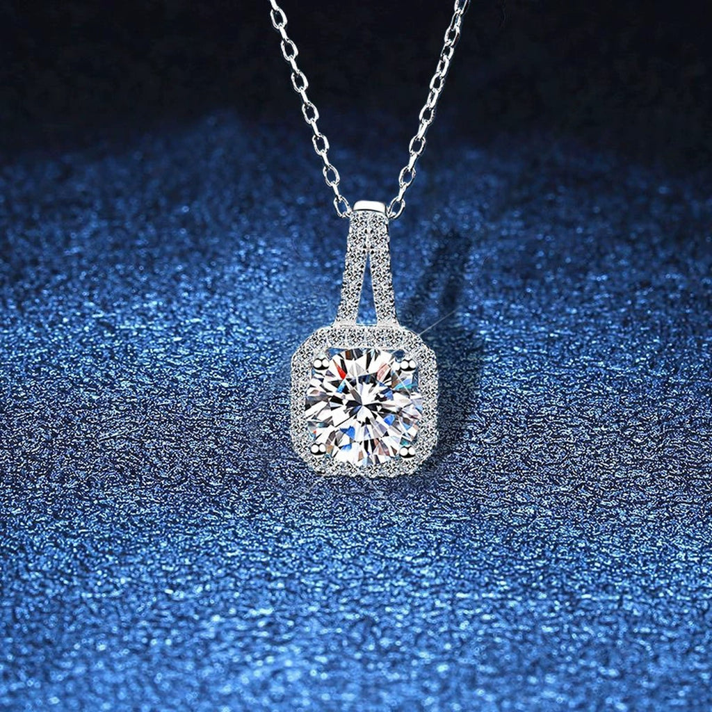 Round Moissanite Halo Pendant Necklace in White Gold-Plated S925 Sterling Silver blue background product view