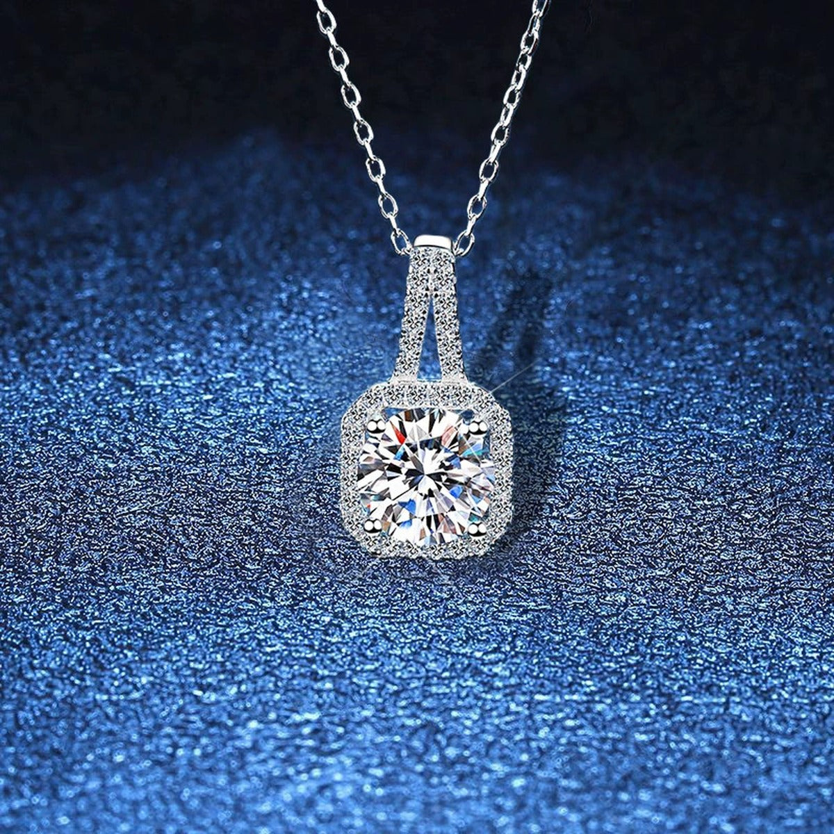 Round Moissanite Halo Pendant Necklace in White Gold-Plated S925 Sterling Silver blue background product view