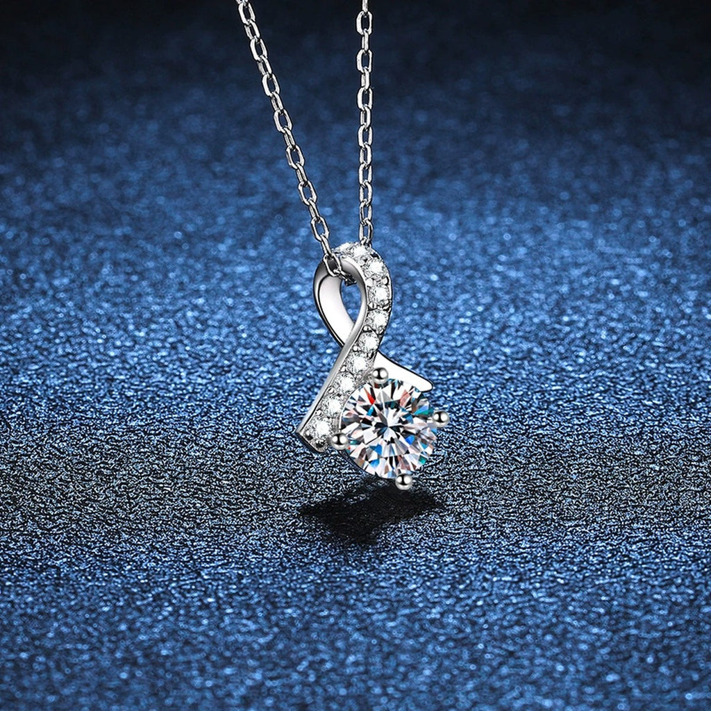 Ribbon Round Moissanite Pendant Necklace in Platinum-Plated S925 Sterling Silver blue background product view