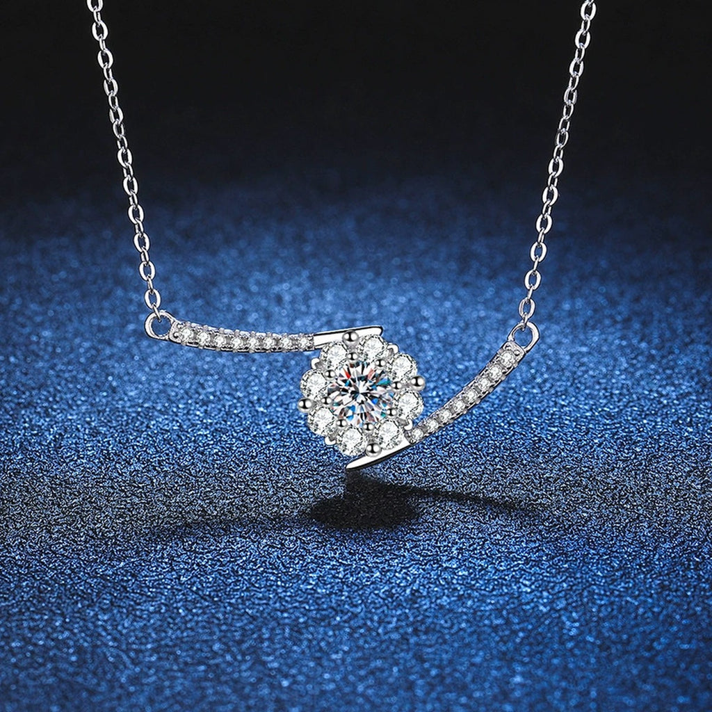 Curved Bar Moissanite Necklace in Platinum-Plated S925 Sterling Silver blue background product view
