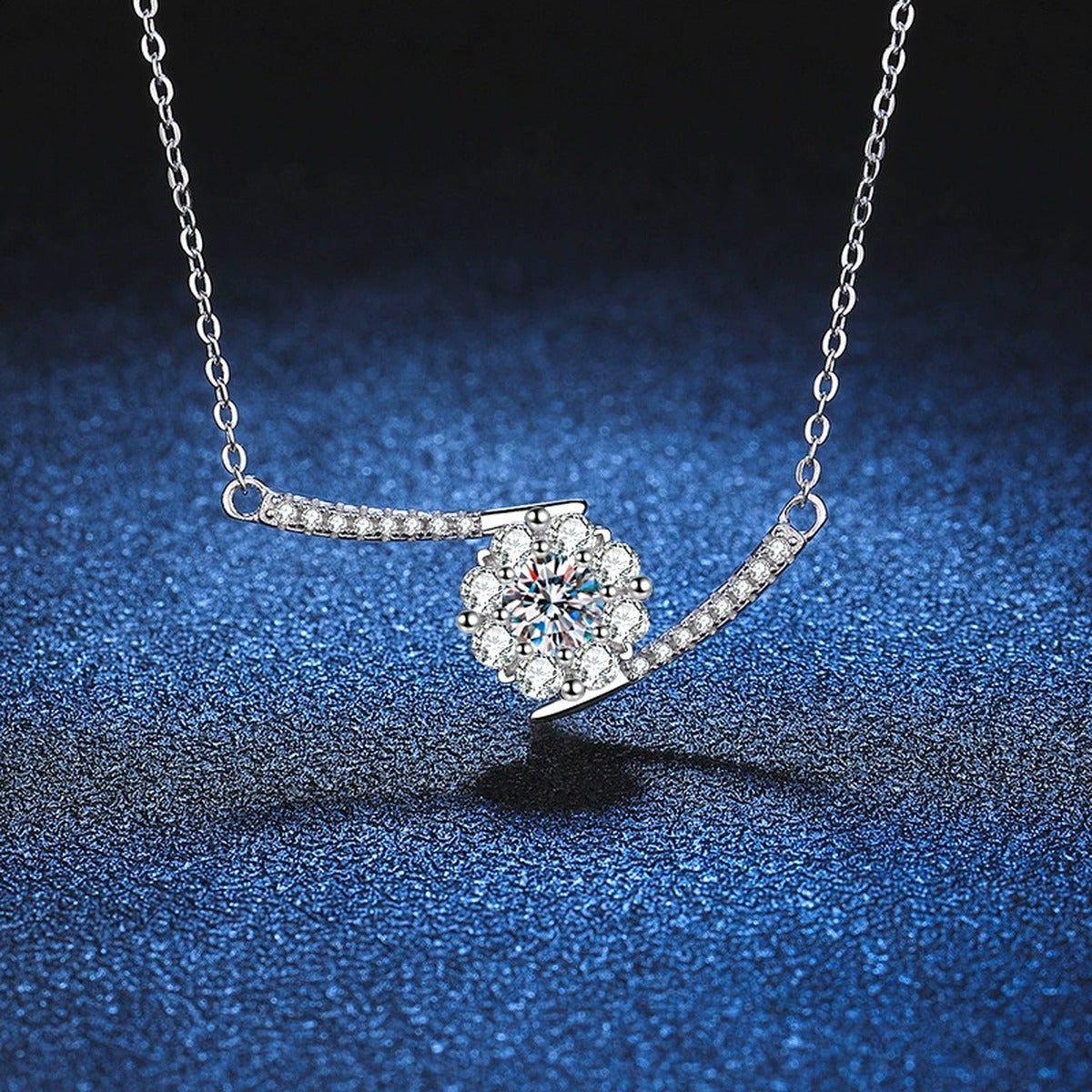 Curved Bar Moissanite Necklace in Platinum-Plated S925 Sterling Silver blue background product view