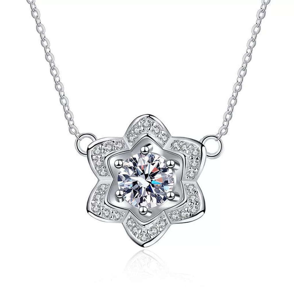 Floral Halo Moissanite Pendant Necklace in Platinum-Plated S925 Sterling Silver clean white background product image