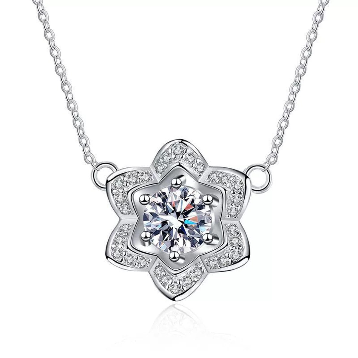 Floral Halo Moissanite Pendant Necklace in Platinum-Plated S925 Sterling Silver clean white background product image