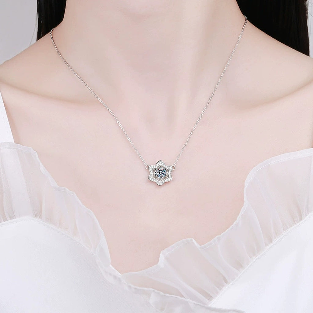 Floral Halo Moissanite Pendant Necklace in Platinum-Plated S925 Sterling Silver worn on neckline by model