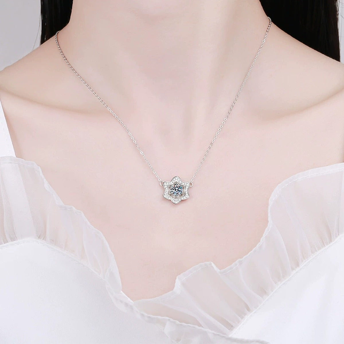 Floral Halo Moissanite Pendant Necklace in Platinum-Plated S925 Sterling Silver worn on neckline by model