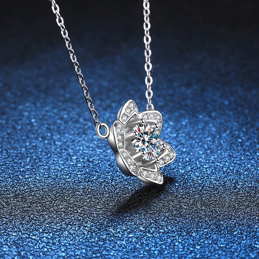 Floral Halo Moissanite Pendant Necklace in Platinum-Plated S925 Sterling Silver blue background product view
