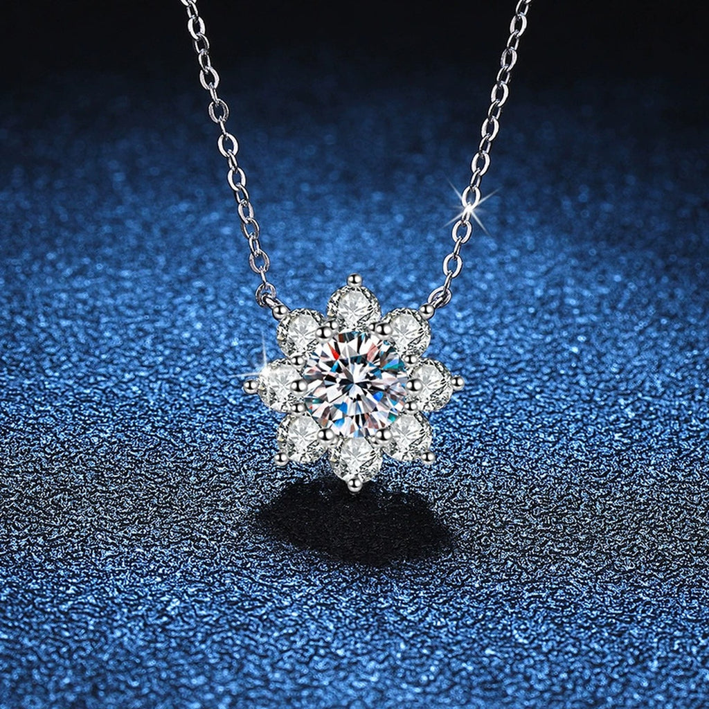 Starburst Moissanite Pendant Necklace in Platinum-Plated S925 Sterling Silver blue background product view