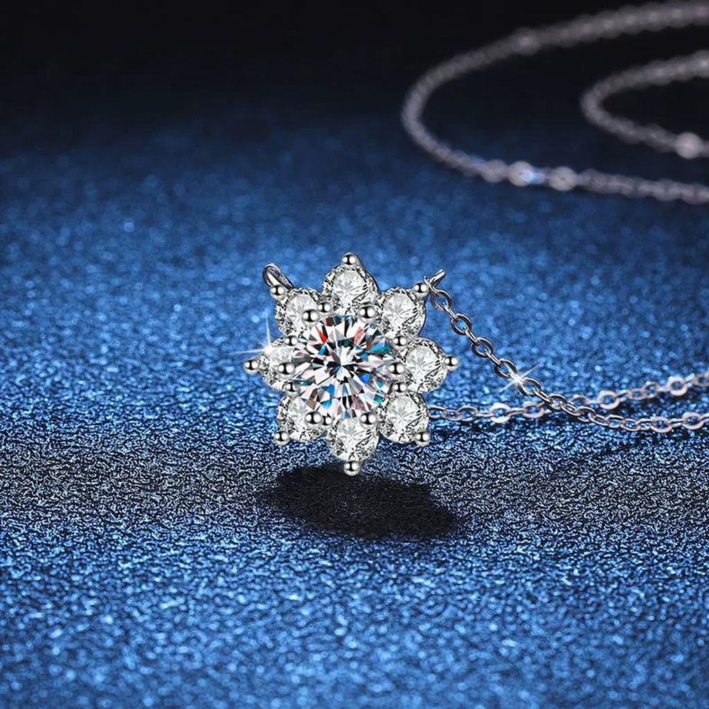 Starburst Moissanite Pendant Necklace in Platinum-Plated S925 Sterling Silver blue background angled detail view
