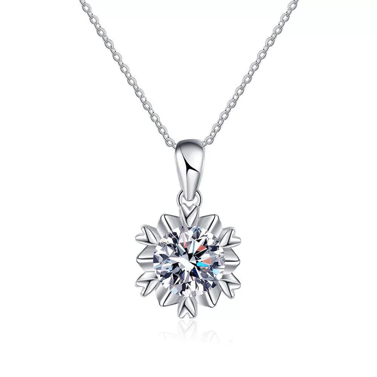Sunburst Round Moissanite Pendant Necklace in Platinum-Plated S925 Sterling Silver clean white background product image