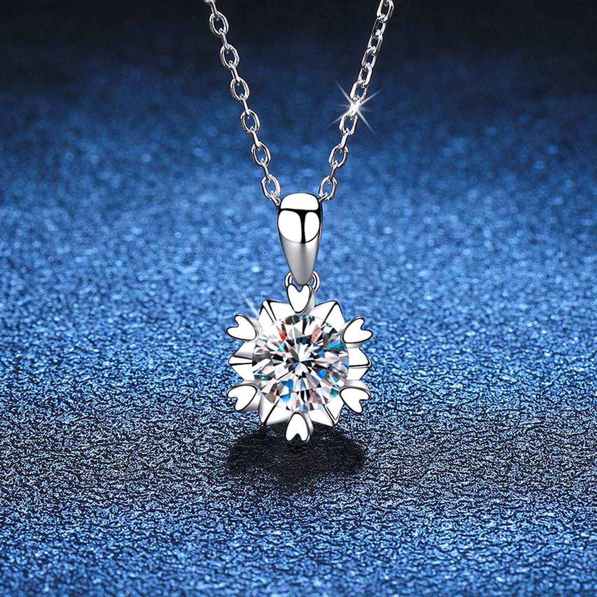 Sunburst Round Moissanite Pendant Necklace in Platinum-Plated S925 Sterling Silver blue background product view