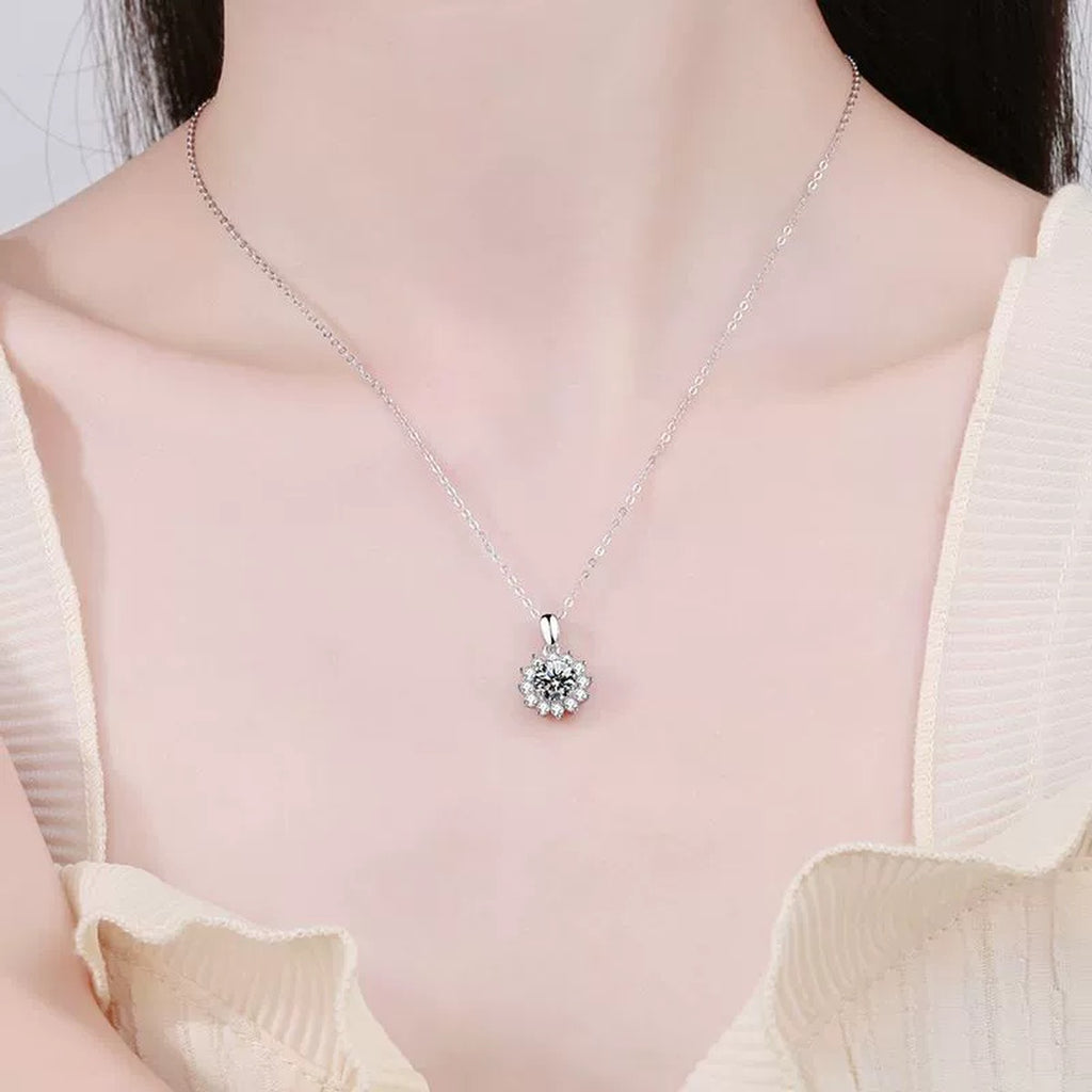Floral Halo Moissanite Pendant Necklace in Platinum-Plated S925 Sterling Silver worn on neckline by model