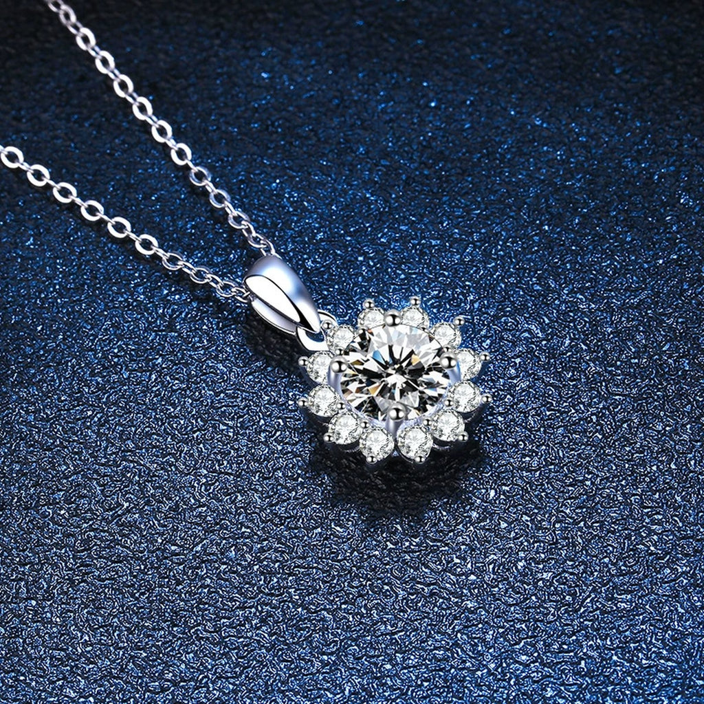 Floral Halo Moissanite Pendant Necklace in Platinum-Plated S925 Sterling Silver blue background product view