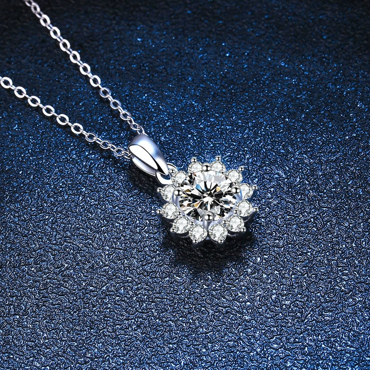 Floral Halo Moissanite Pendant Necklace in Platinum-Plated S925 Sterling Silver blue background product view
