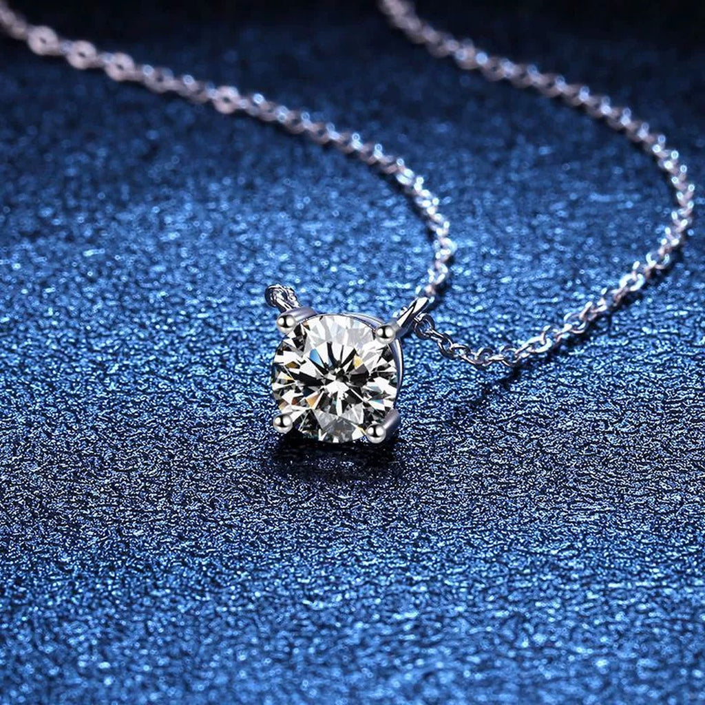 Round Moissanite Solitaire Pendant Necklace in Platinum-Plated S925 Sterling Silver blue background product view