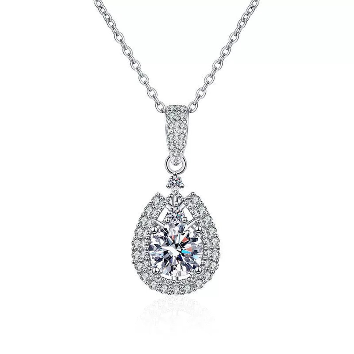 Pear Halo Moissanite Drop Necklace in Platinum-Plated S925 Sterling Silver clean white background product image