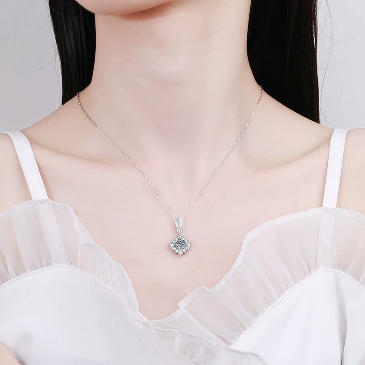 Star Halo Moissanite Pendant Necklace in Platinum-Plated S925 Sterling Silver worn on neckline by model