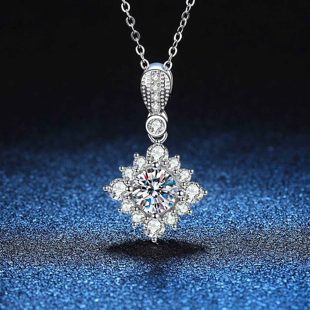 Star Halo Moissanite Pendant Necklace in Platinum-Plated S925 Sterling Silver blue background product view