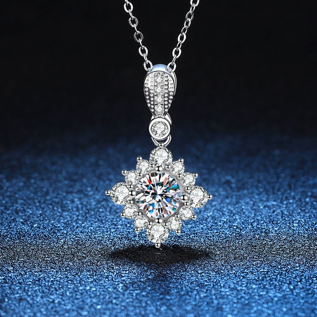 Star Halo Moissanite Pendant Necklace in Platinum-Plated S925 Sterling Silver blue background product view