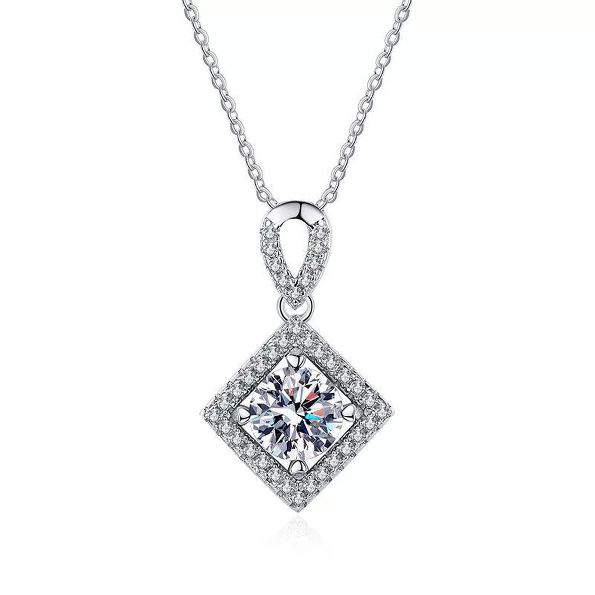 Diamond Halo Moissanite Pendant Necklace in Platinum-Plated S925 Sterling Silver clean white background product image