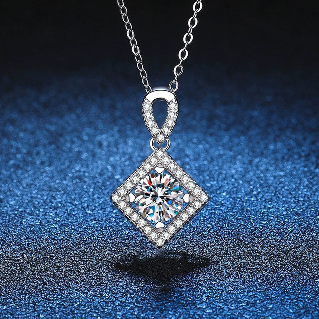 Diamond Halo Moissanite Pendant Necklace in Platinum-Plated S925 Sterling Silver blue background product view