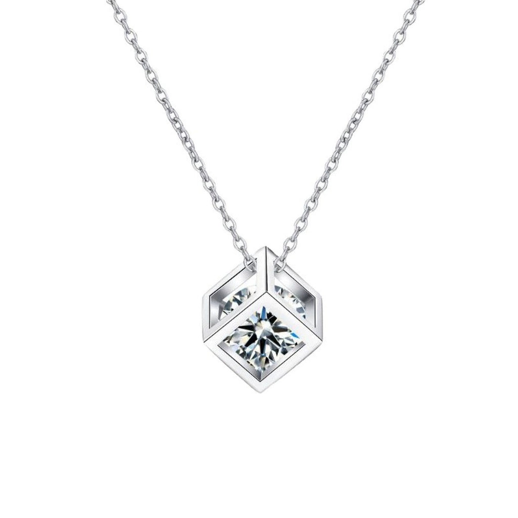 Cube Moissanite Pendant Necklace in Platinum-Plated S925 Sterling Silver clean white background product image
