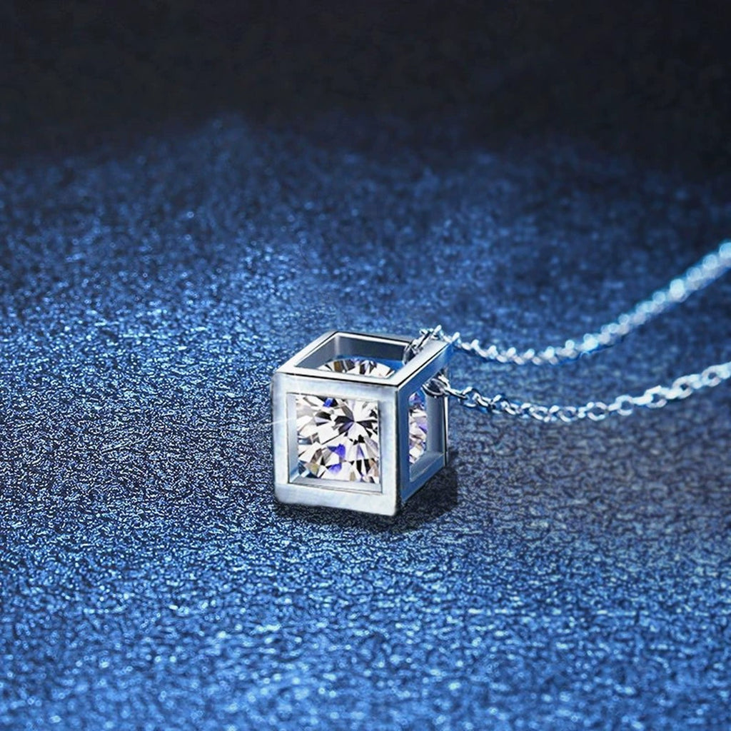 Cube Moissanite Pendant Necklace in Platinum-Plated S925 Sterling Silver blue background product view