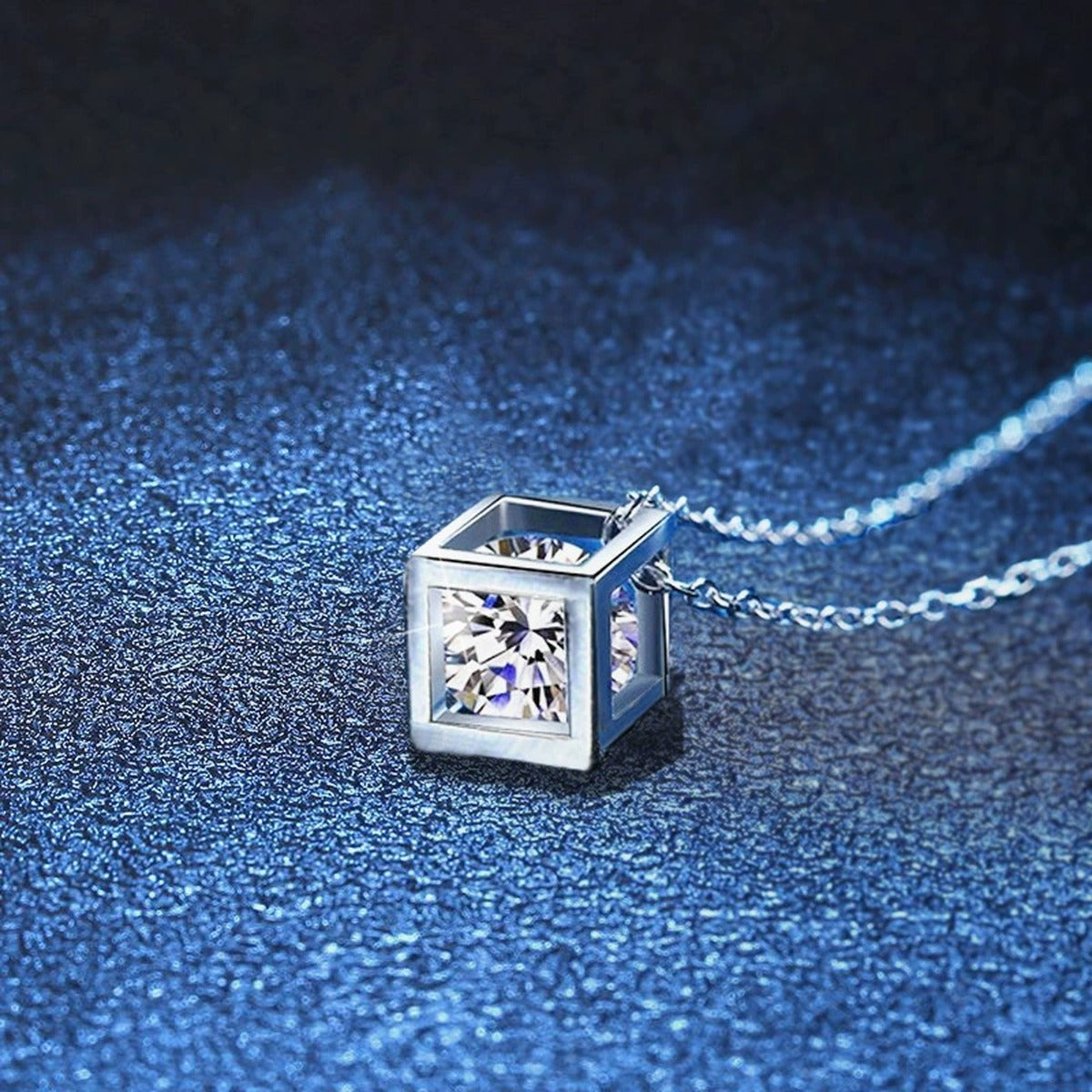 Cube Moissanite Pendant Necklace in Platinum-Plated S925 Sterling Silver blue background product view
