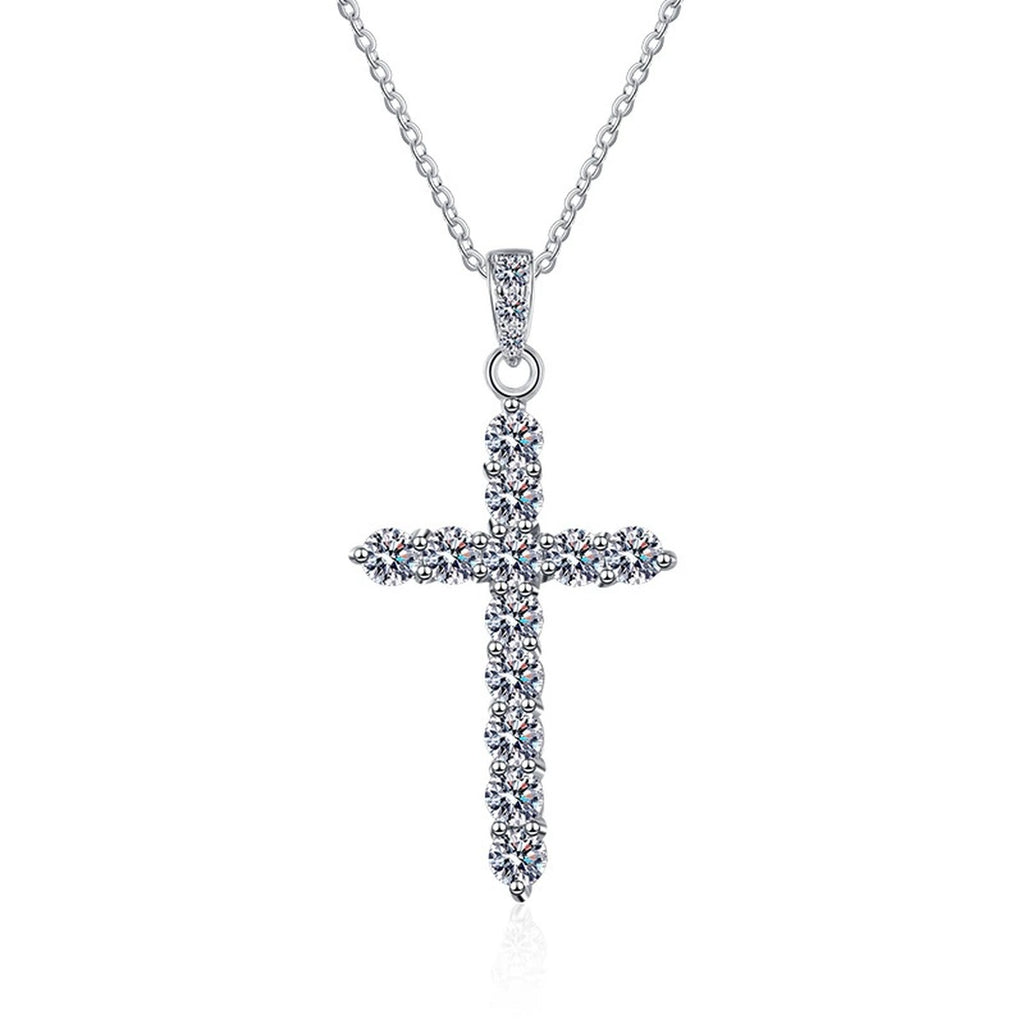 Pavé Cross Moissanite Pendant Necklace in Platinum-Plated S925 Sterling Silver clean white background product image
