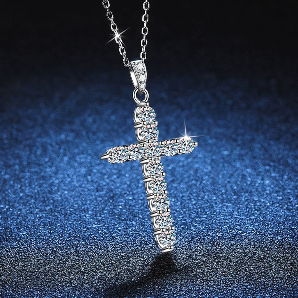 Pavé Cross Moissanite Pendant Necklace in Platinum-Plated S925 Sterling Silver blue background product view
