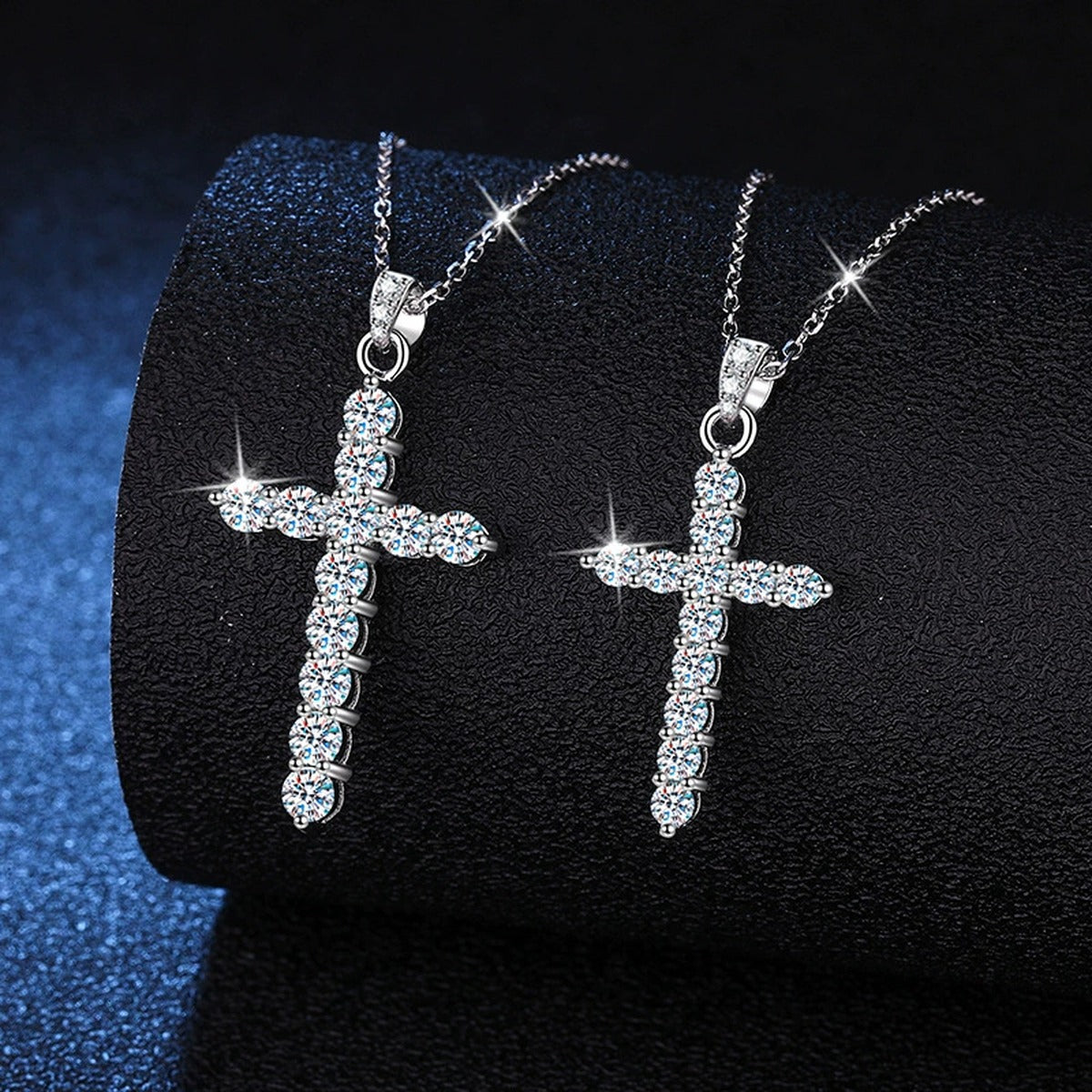 Pavé Cross Moissanite Pendant Necklace in Platinum-Plated S925 Sterling Silver dark background product display view