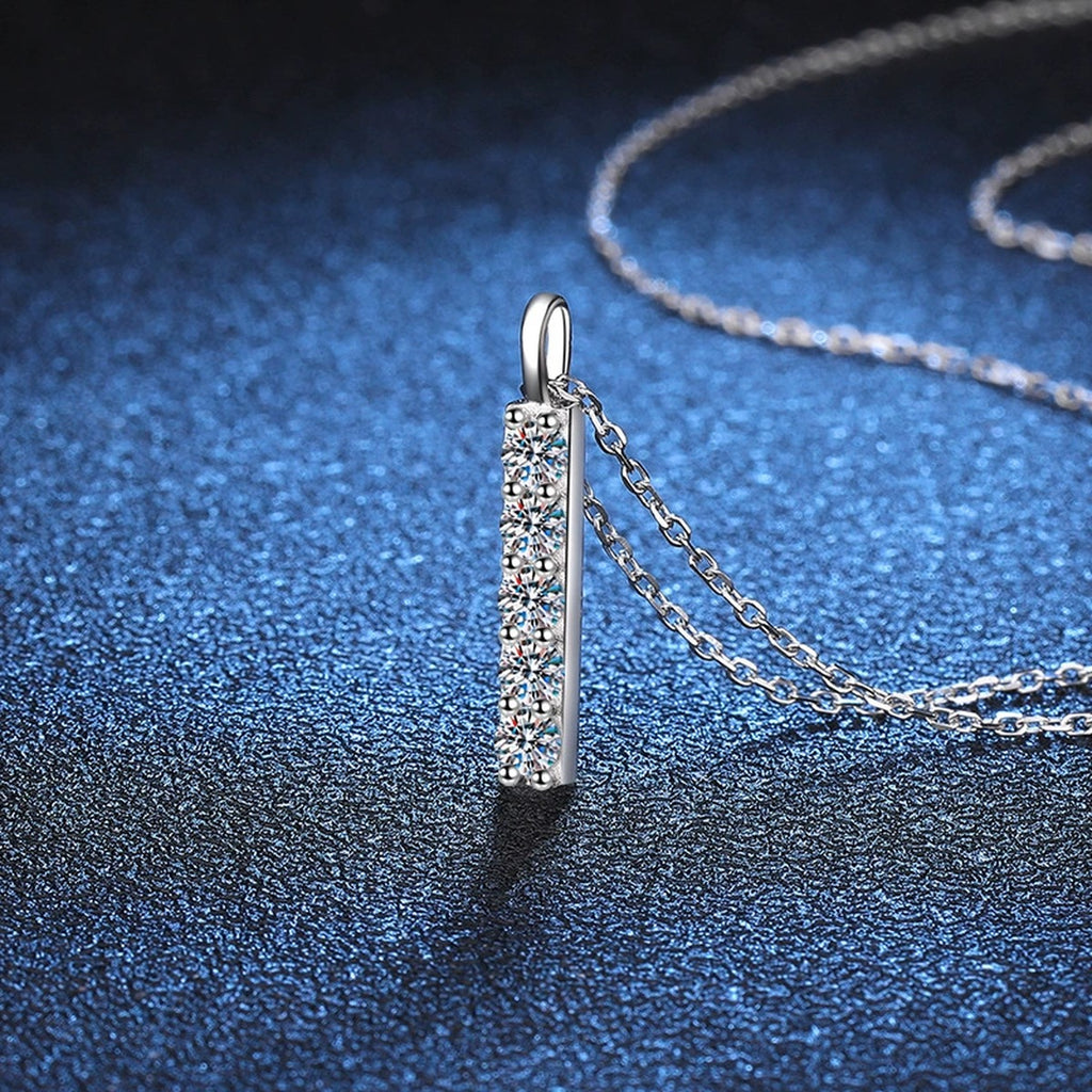 Vertical Bar Moissanite Pendant Necklace in Platinum-Plated S925 Sterling Silver blue background product view