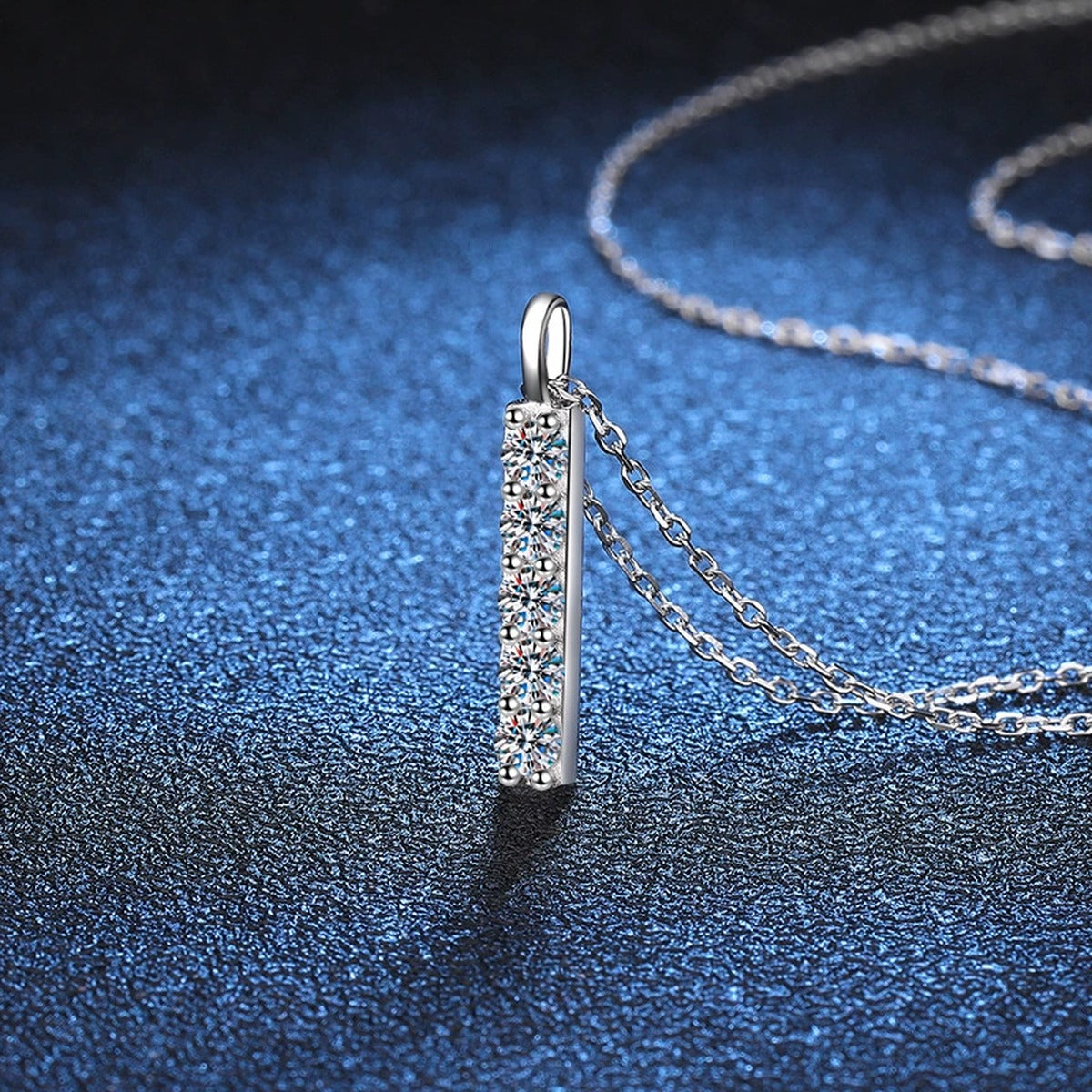 Vertical Bar Moissanite Pendant Necklace in Platinum-Plated S925 Sterling Silver blue background product view