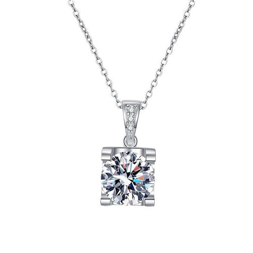Basket-Set Round Moissanite Pendant Necklace in Platinum-Plated S925 Sterling Silver clean white background product image