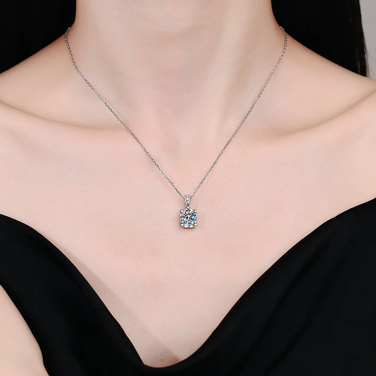 Basket-Set Round Moissanite Pendant Necklace in Platinum-Plated S925 Sterling Silver worn on neckline by model