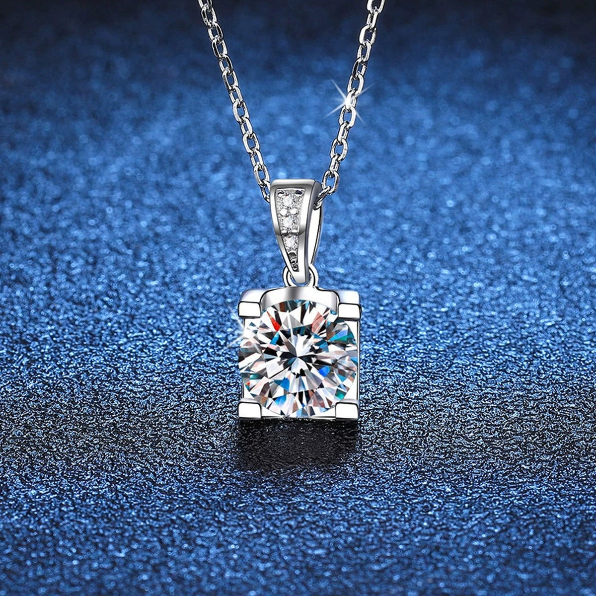 Basket-Set Round Moissanite Pendant Necklace in Platinum-Plated S925 Sterling Silver blue background product view